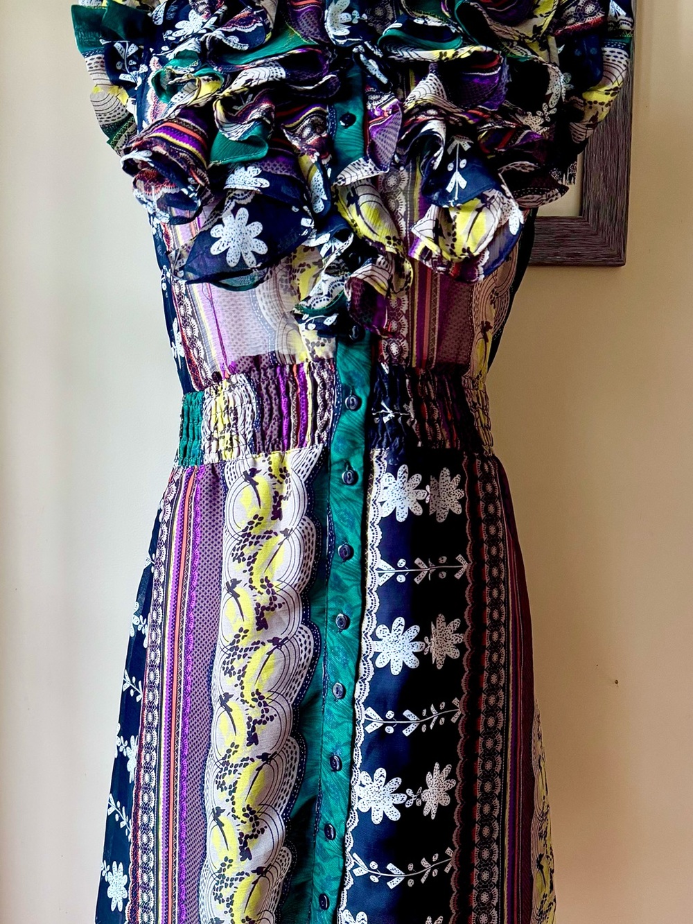 Forever 21 Floral & Stripe Ruffle-Front Midi Dress in Navy, Green & Purple